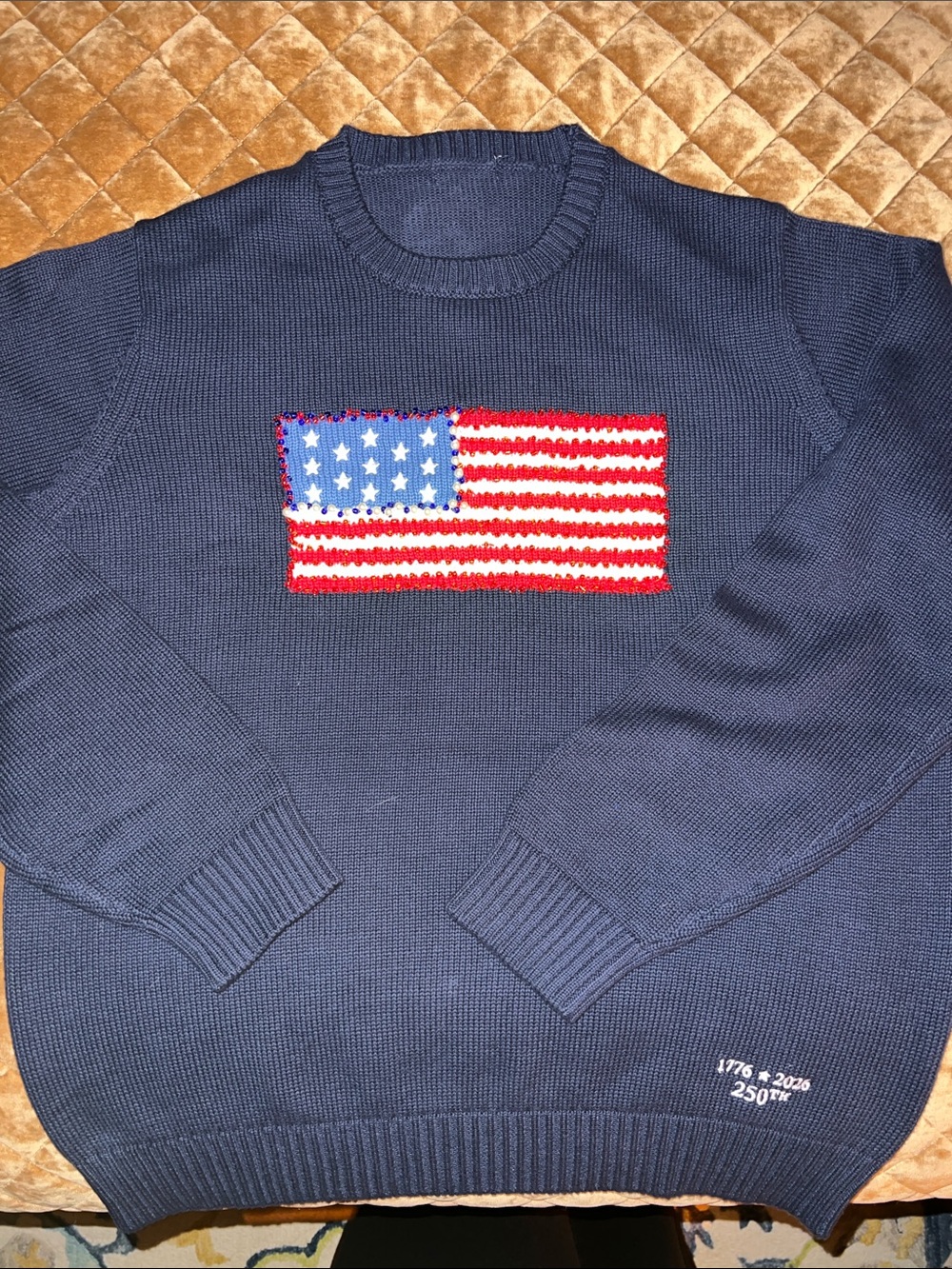 Hand beaded Navy Crewneck Sweater with Embroidered American Flag.